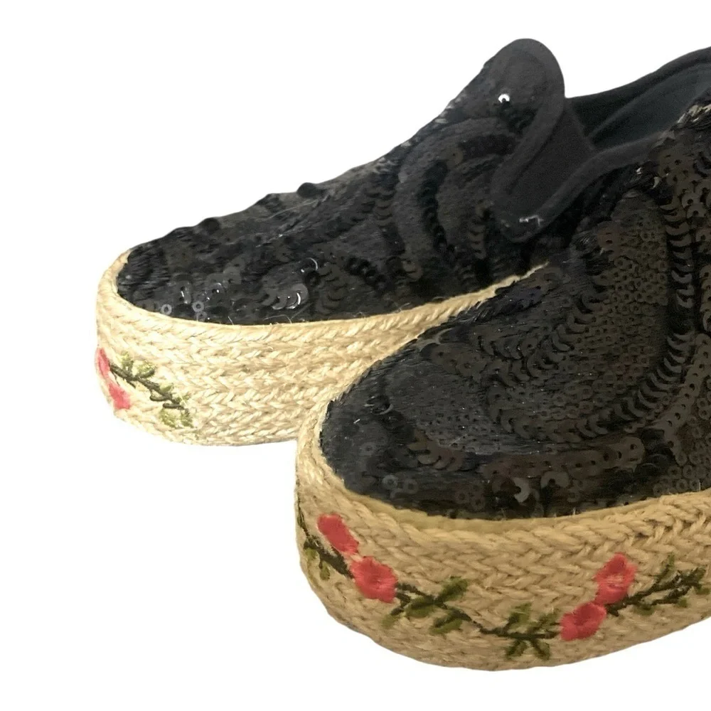 Sequin Floral Embroidered Espadrille Slip-On Black